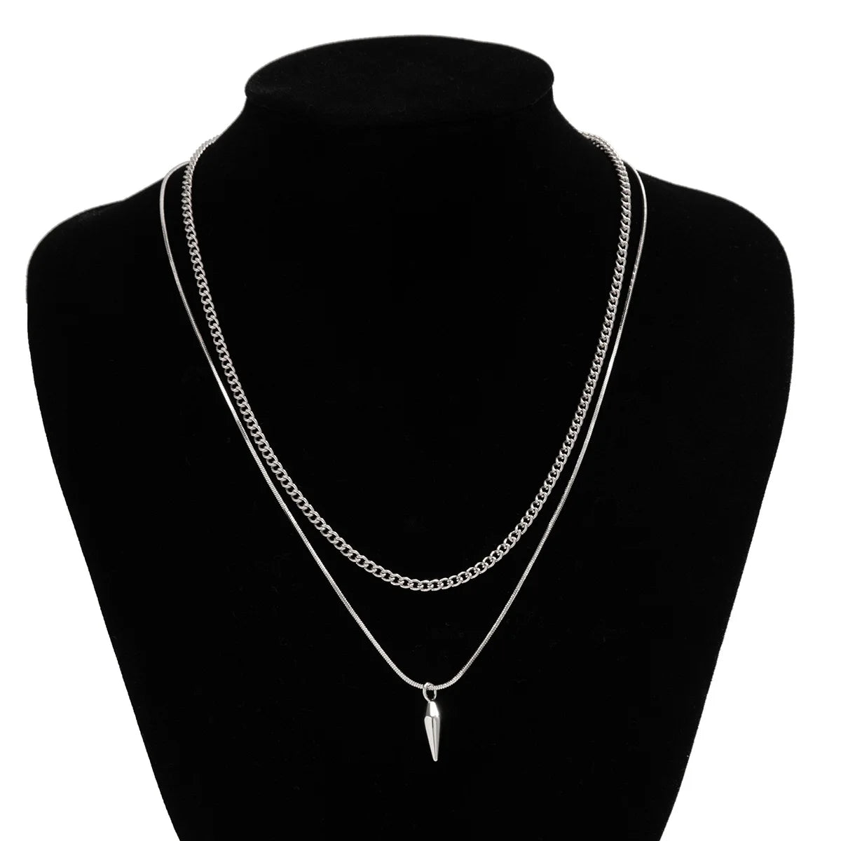 KunJoe 2pcs/set Stainless Steel Metal Rivet Pendant Thin Snake Chain Necklace for Men Punk Silver Color Cuban Link Chain Choker