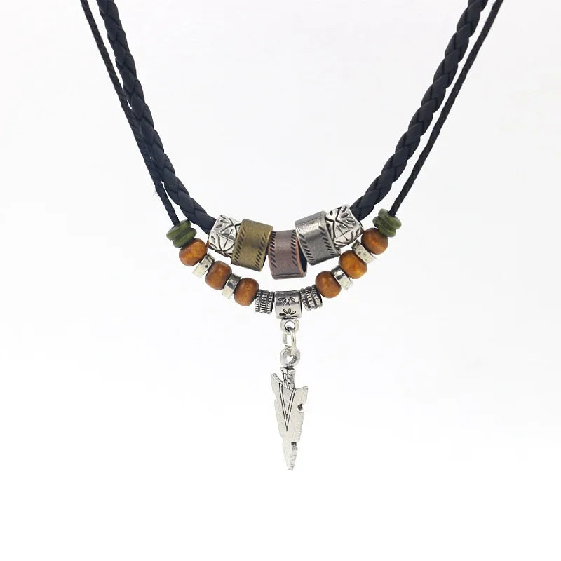 Stacked Artificial Leather Rope Beaded Necklace Men Vintage Layered Tribal Arrow Pendant Necklace For Men Jewelry Collar Hombre