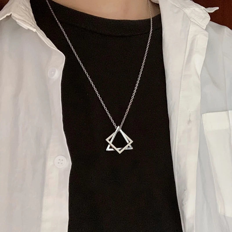 Geometry Interlocking Square Triangle Male Pendant for Men Stainless Steel Modern Trendy Geometric Stacking Streetwear Necklace