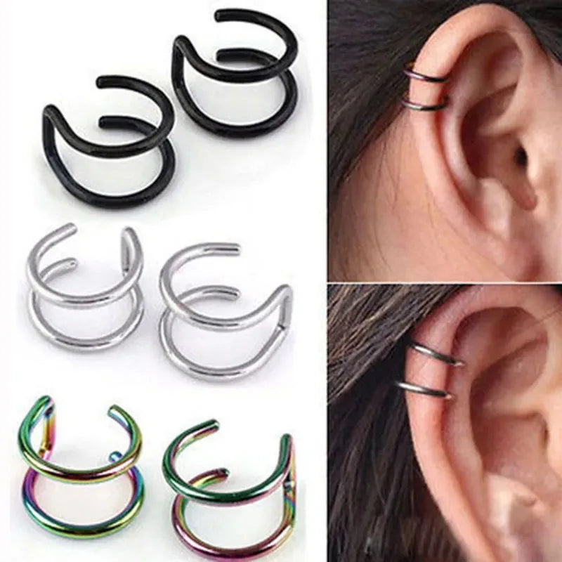 2Pcs 316L Stainless Steel Fake Ear Piercing Jewelry, Clip on Ear Cuffs Fake Lip Ring Non Piercing Labret Rings for Women Men