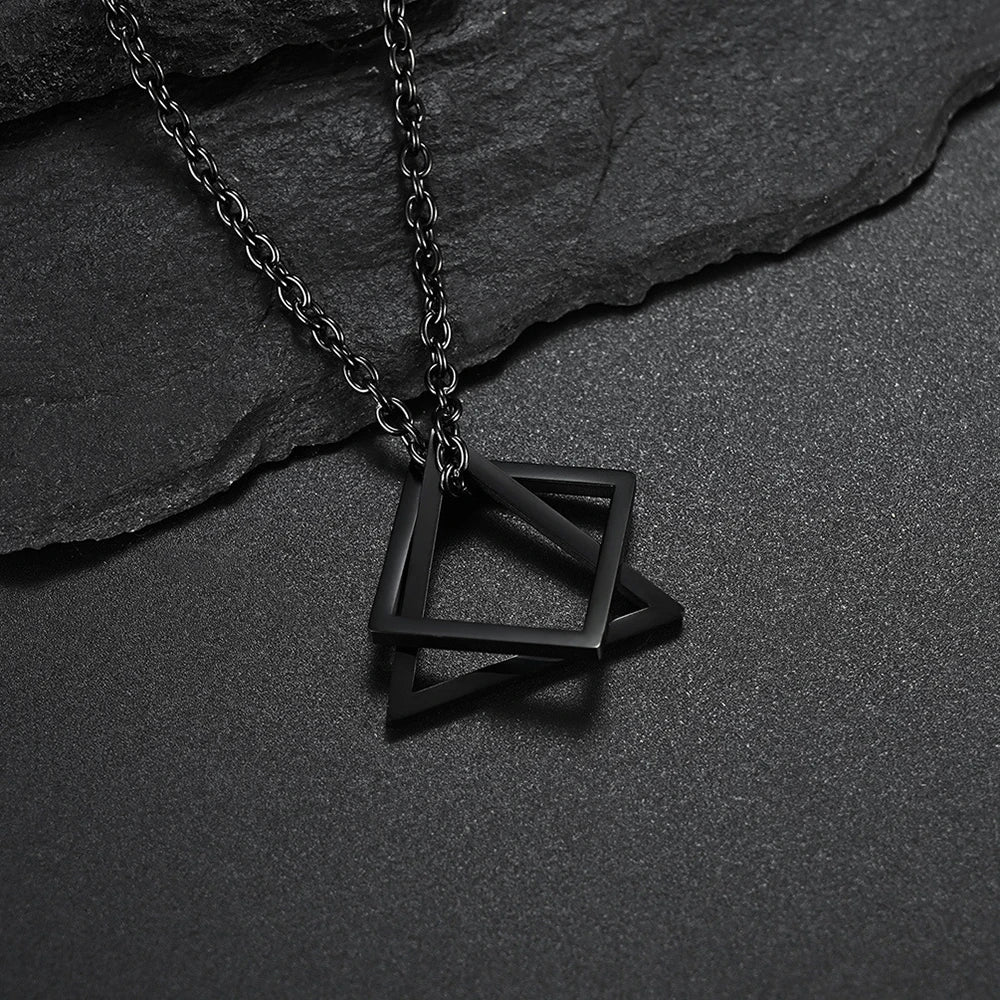 Geometry Interlocking Square Triangle Male Pendant for Men Stainless Steel Modern Trendy Geometric Stacking Streetwear Necklace
