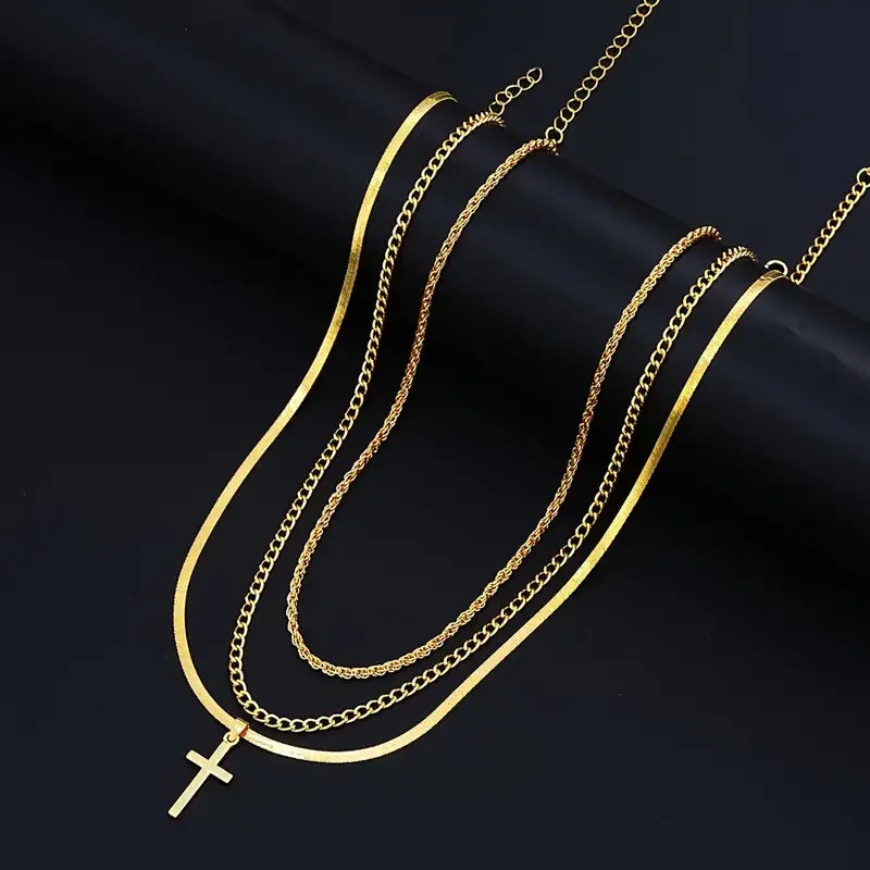 7-Piece Elegant Stainless Steel Minimalist Cross Pendant Jewelry Set for Men Chain Necklace Bracelet Jewelry for Everyday Wear