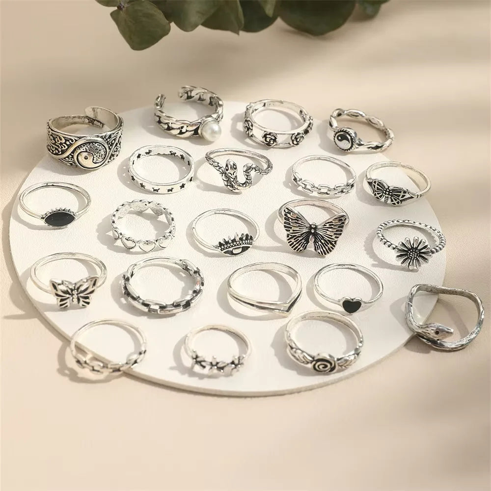 21 Pcs Gothic Rings Set for Women Fashion Simple Snake Butterfly Evil Eye Finger Ring Trendy Punk Jewelry Gifts 2024 New