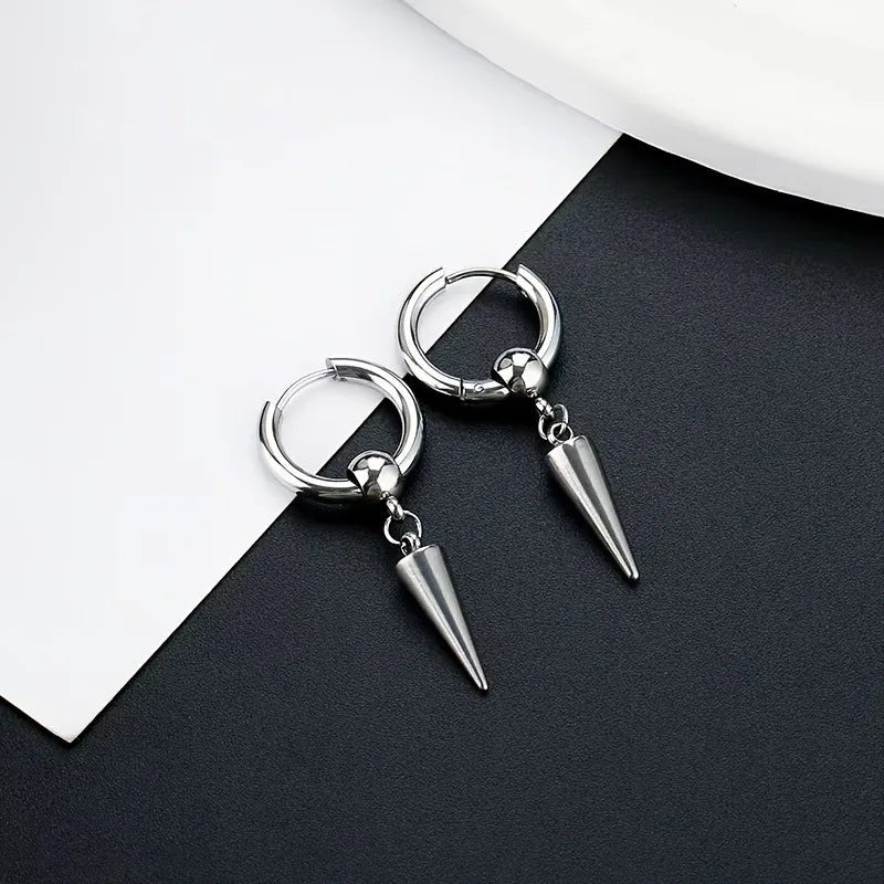 1pairs Fashion Stainless Steel Men's Cone Pendant Earrings, Retro Punk Style Hip-hop Dangle Earrings For Men