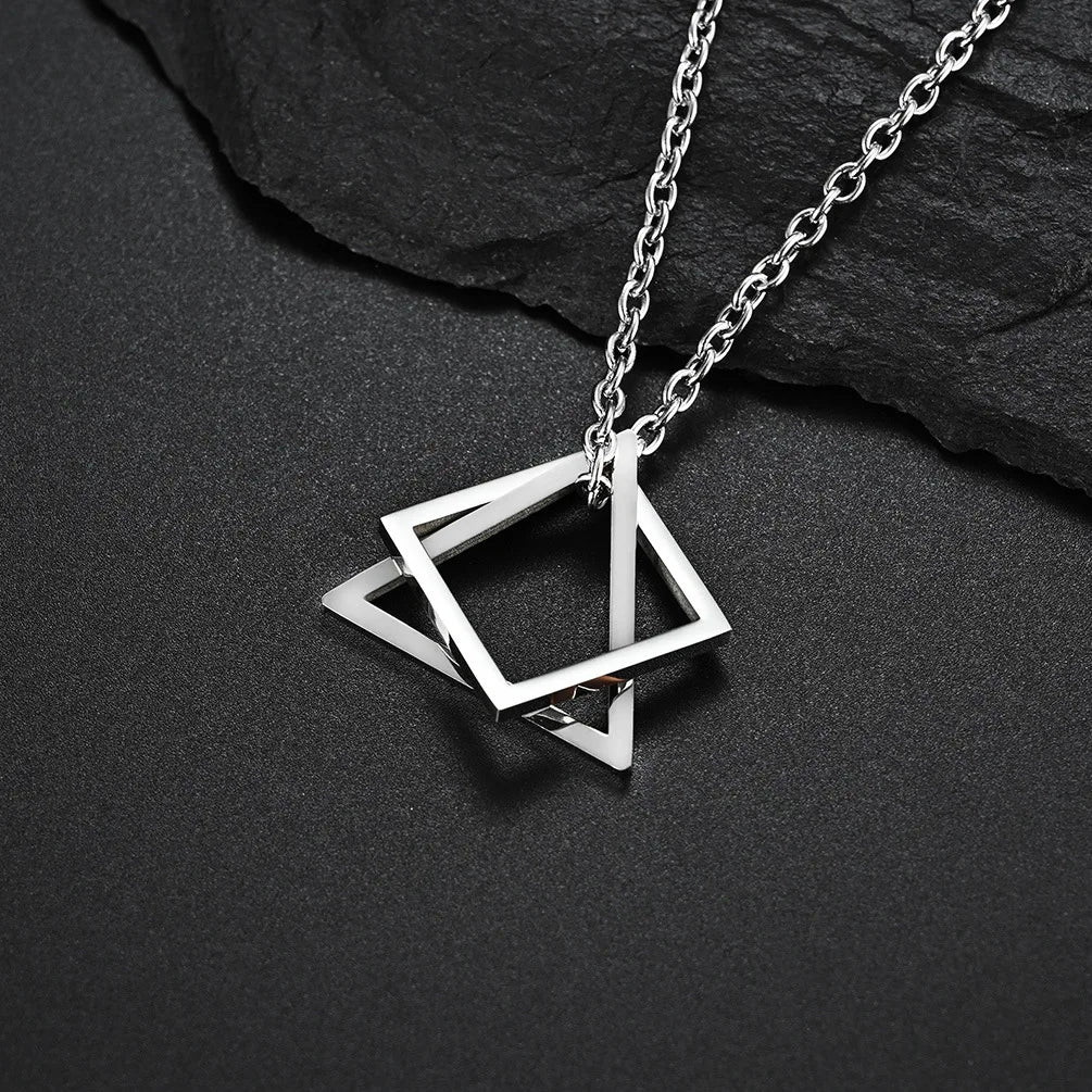 Geometry Interlocking Square Triangle Male Pendant for Men Stainless Steel Modern Trendy Geometric Stacking Streetwear Necklace