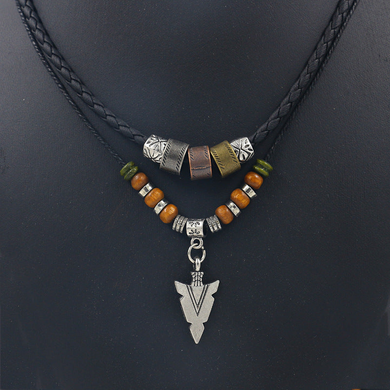 Stacked Artificial Leather Rope Beaded Necklace Men Vintage Layered Tribal Arrow Pendant Necklace For Men Jewelry Collar Hombre