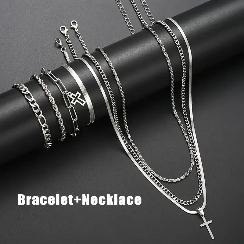 7-Piece Elegant Stainless Steel Minimalist Cross Pendant Jewelry Set for Men Chain Necklace Bracelet Jewelry for Everyday Wear