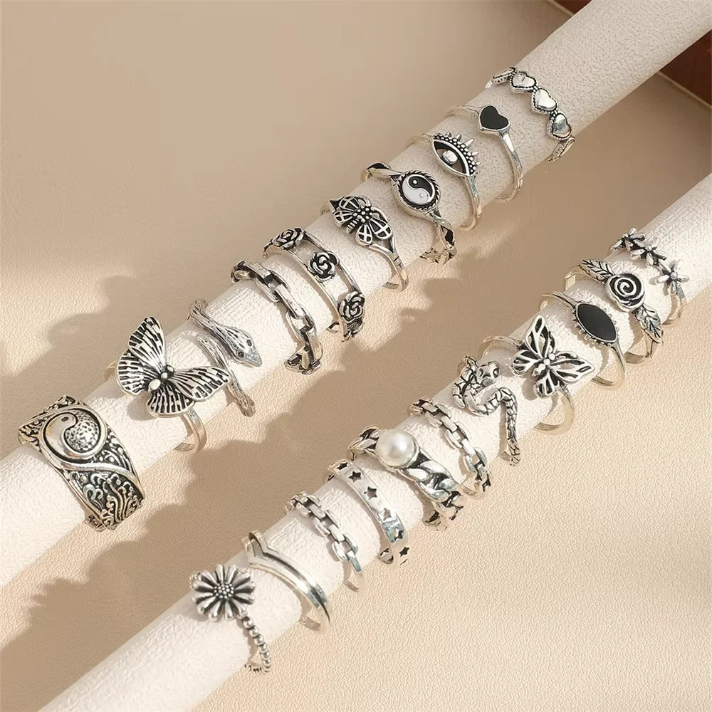 21 Pcs Gothic Rings Set for Women Fashion Simple Snake Butterfly Evil Eye Finger Ring Trendy Punk Jewelry Gifts 2024 New