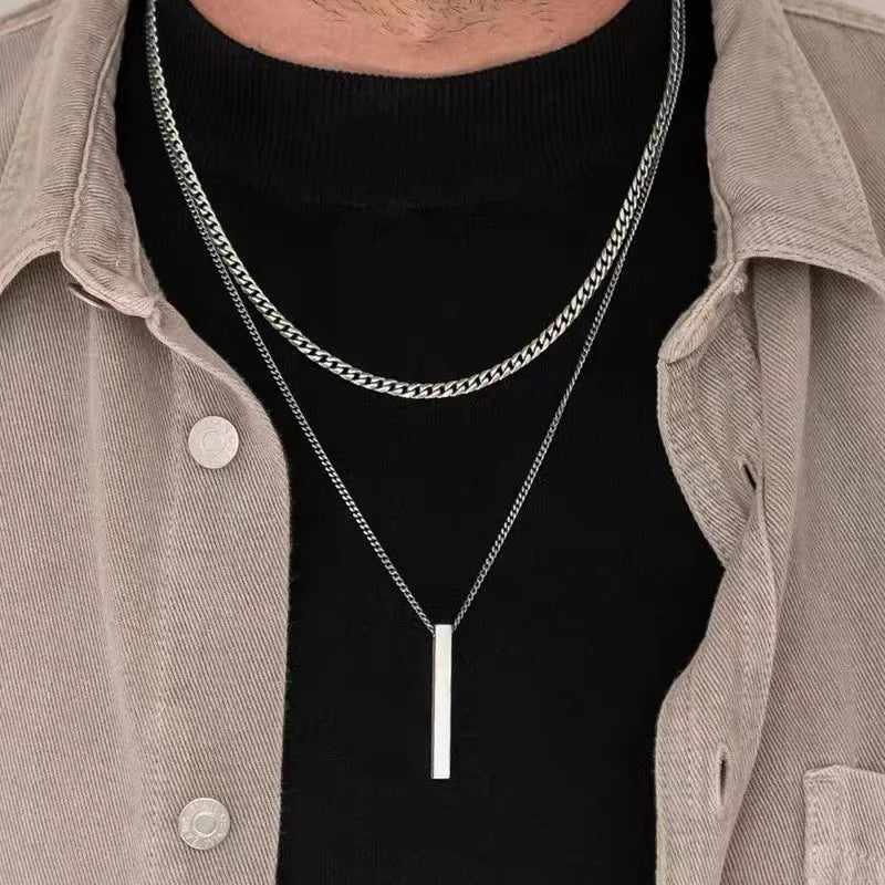 KunJoe 2pcs/set Stainless Steel Metal Rivet Pendant Thin Snake Chain Necklace for Men Punk Silver Color Cuban Link Chain Choker