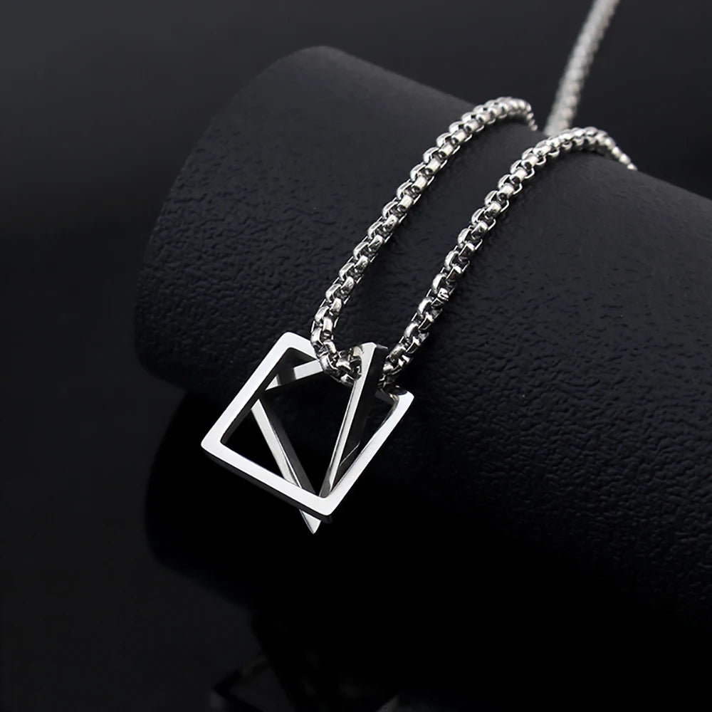 Geometry Interlocking Square Triangle Male Pendant for Men Stainless Steel Modern Trendy Geometric Stacking Streetwear Necklace