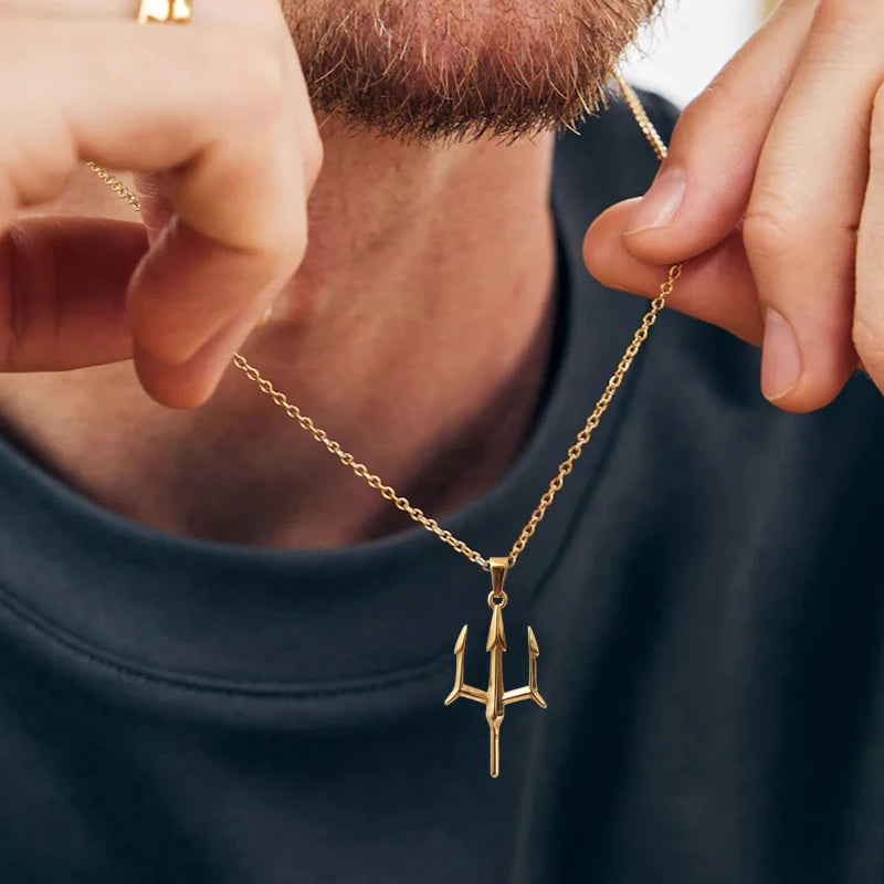 Poseidon Trident Necklace Stainless Steel 18K Gold Plated Aquaman Greek Mythology Pendant Jewelry Gift for Men