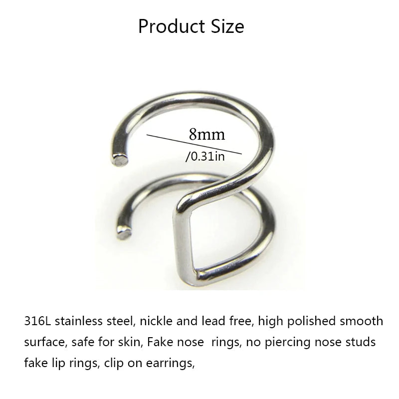 2Pcs 316L Stainless Steel Fake Ear Piercing Jewelry, Clip on Ear Cuffs Fake Lip Ring Non Piercing Labret Rings for Women Men