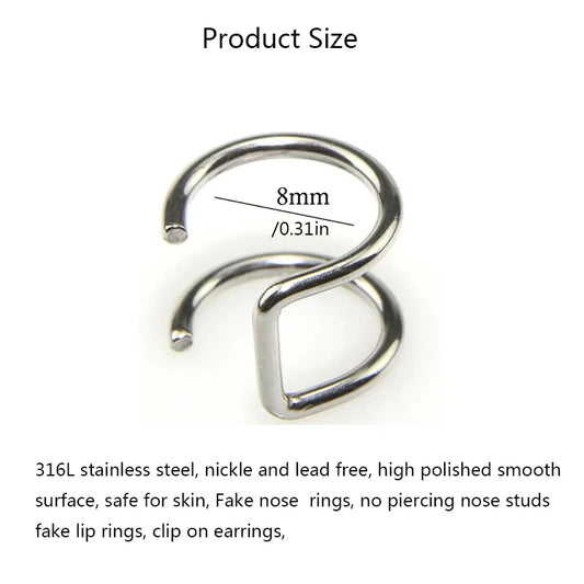 2Pcs 316L Stainless Steel Fake Ear Piercing Jewelry, Clip on Ear Cuffs Fake Lip Ring Non Piercing Labret Rings for Women Men