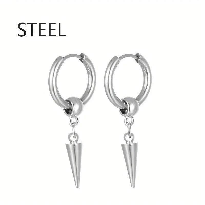 1pairs Fashion Stainless Steel Men's Cone Pendant Earrings, Retro Punk Style Hip-hop Dangle Earrings For Men