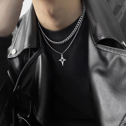 Double Layered Cuban Star Pendant Necklace for Man Titanium Steel Hip-Hop Design Collarbone Chain Unisex Jewelry Wholesale
