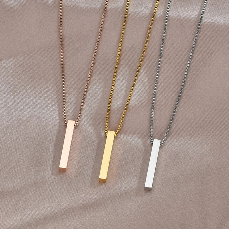 Personalized 4 Sides Engraving Square Bar Pendant Custom Name Date Stainless Steel Necklace Women Men Jewelry Gifts Wholesale