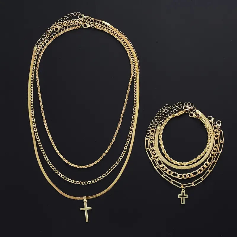 7-Piece Elegant Stainless Steel Minimalist Cross Pendant Jewelry Set for Men Chain Necklace Bracelet Jewelry for Everyday Wear