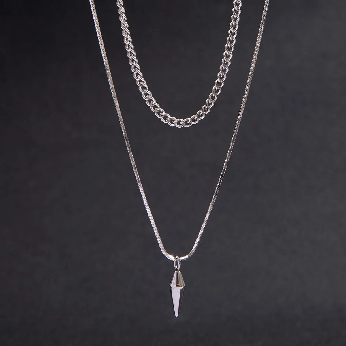 KunJoe 2pcs/set Stainless Steel Metal Rivet Pendant Thin Snake Chain Necklace for Men Punk Silver Color Cuban Link Chain Choker