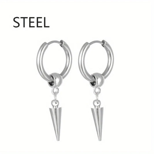 1pairs Fashion Stainless Steel Men's Cone Pendant Earrings, Retro Punk Style Hip-hop Dangle Earrings For Men