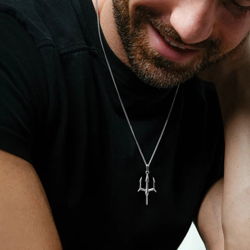 Poseidon Trident Necklace Stainless Steel 18K Gold Plated Aquaman Greek Mythology Pendant Jewelry Gift for Men